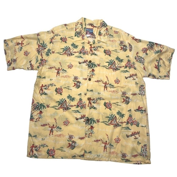 Vintage Joe Kealoha Yellow Hawaiian Shirt Tropical Fish Hula Spellout Sz XL - Picture 2 of 9